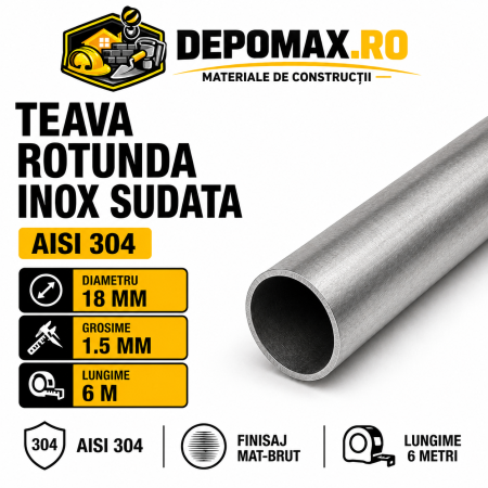 Teava rotunda inox sudata AISI 304, 18 x 1.5 mm, 6 metri